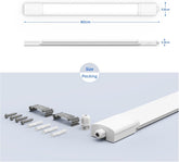 LED tube light with dimensions and accessories on a light blue background